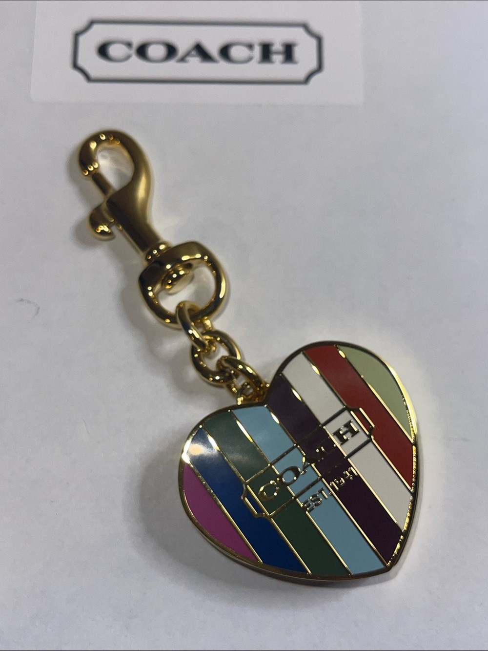 Coach Legacy Rainbow Striped Heart Keychain that opens!!!- Gold Hardware